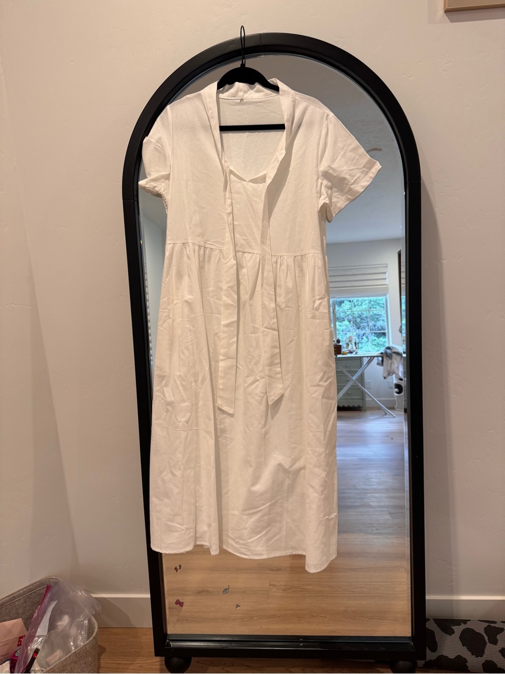 White Short-Sleeve Cotton Tie-Front Midi Dress